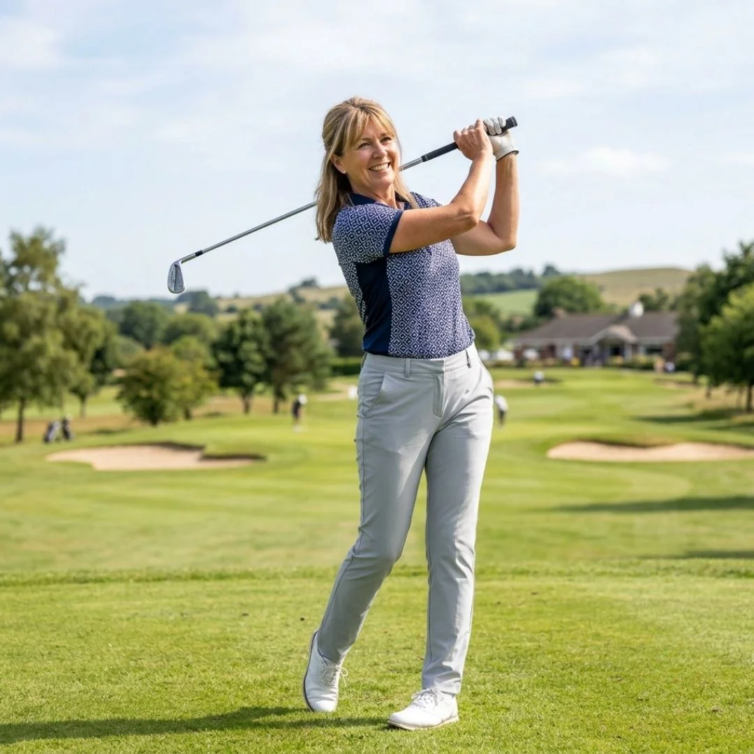 Active older woman enjoying a clear day on the golf course, free from chronic congestion and sinus discomfort.