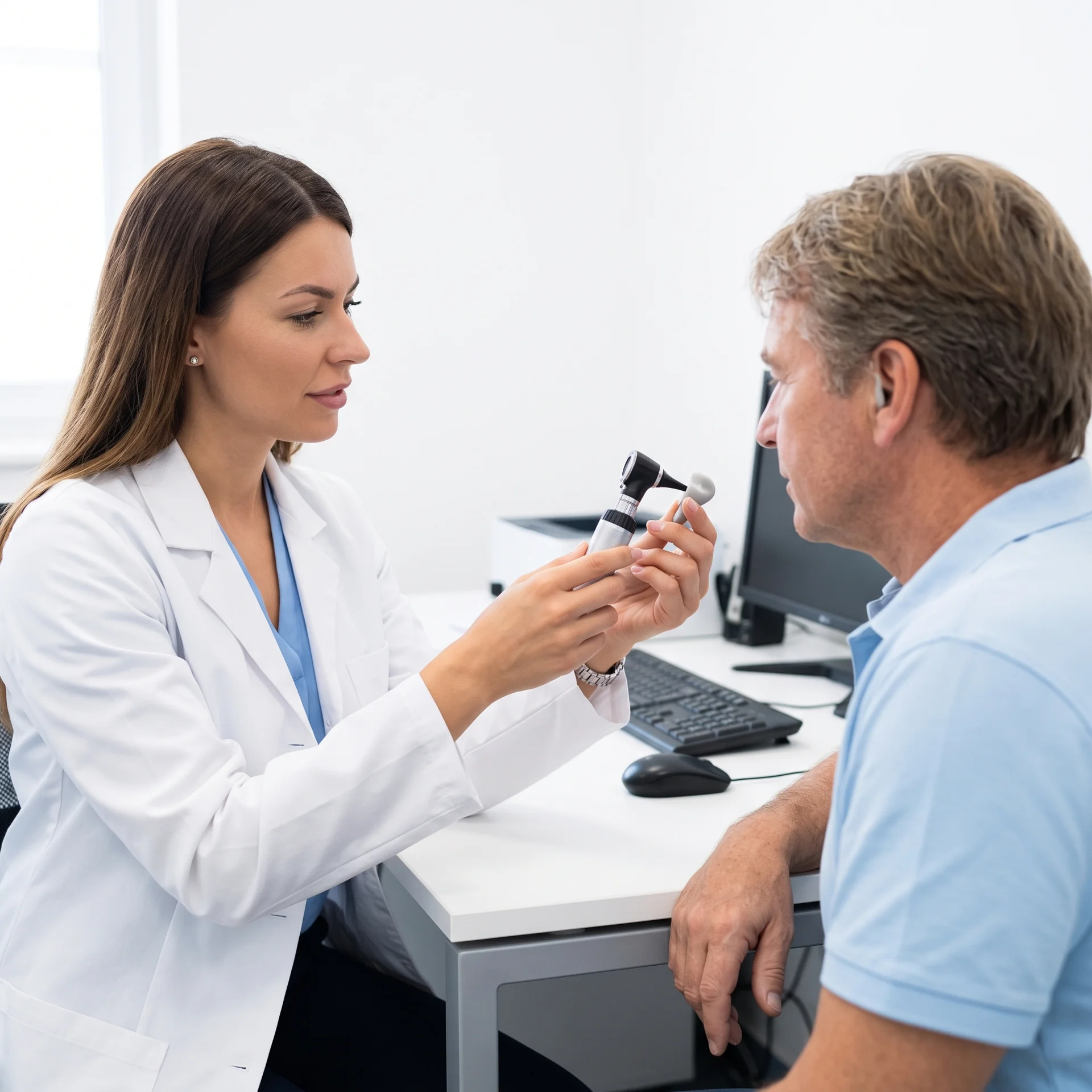 An audiologist gently demonstrates a specialized ear care instrument to an adult patient in a bright office.