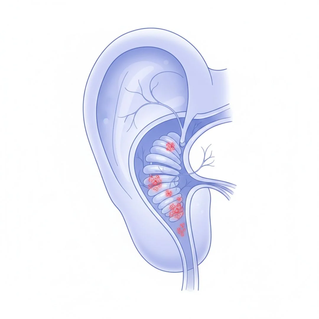 A medical illustration of the inner ear, focusing on the cochlea with highlighted areas indicating inflammation or damage.