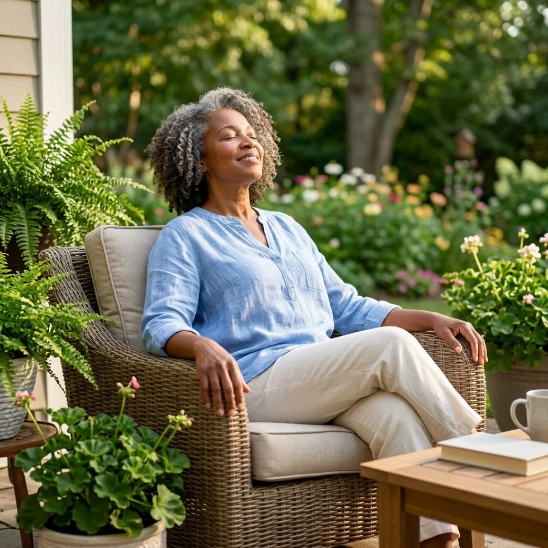Older woman smiling and breathing in fresh air comfortably on her outdoor patio after effective sinus relief.