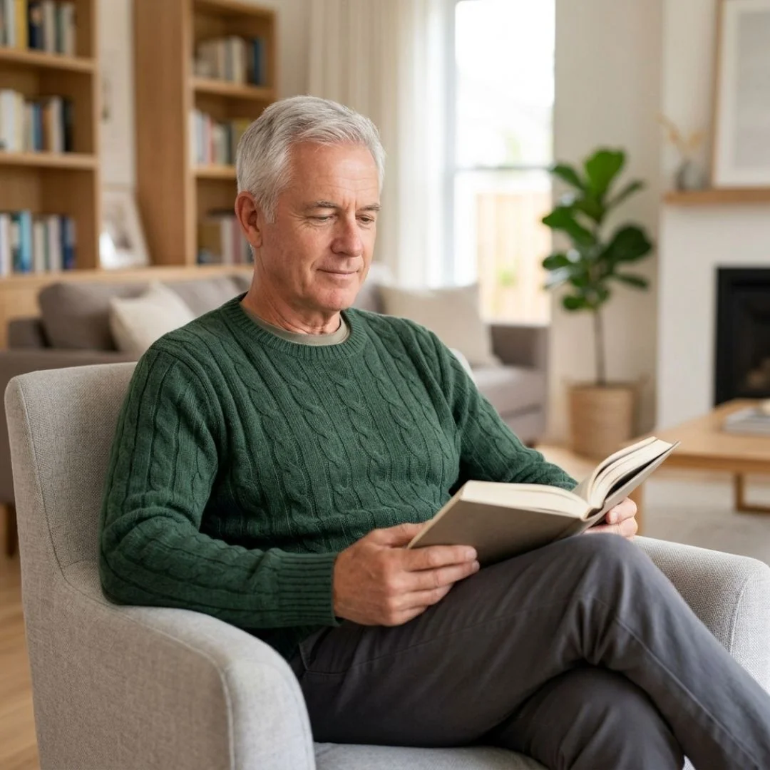 Relaxed older man sitting comfortably indoors reading a book without any facial pain or sinus headaches.