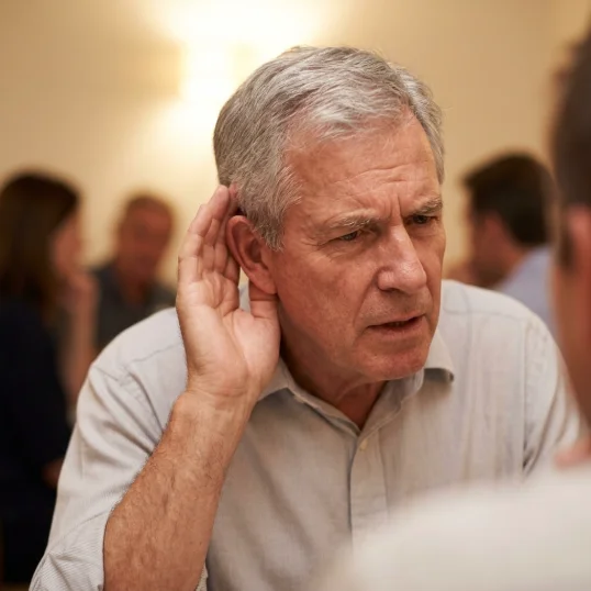 A senior man cups his ear, straining to hear, during a warm, dimly lit dinner conversation.