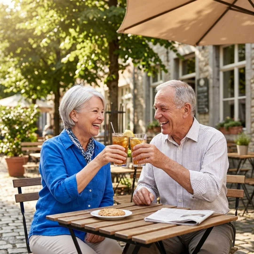 Older couple laughing at an outdoor cafe with clear sinuses