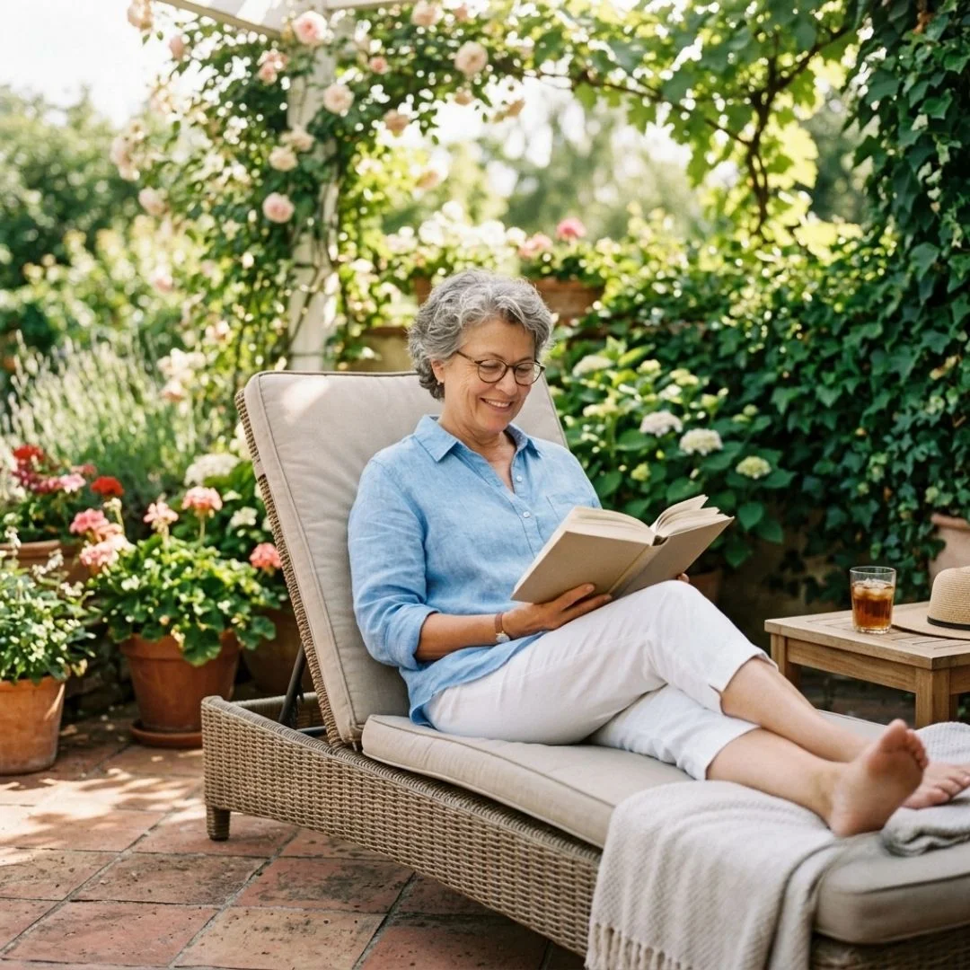 Senior woman reading a book comfortably outside on a sunny patio