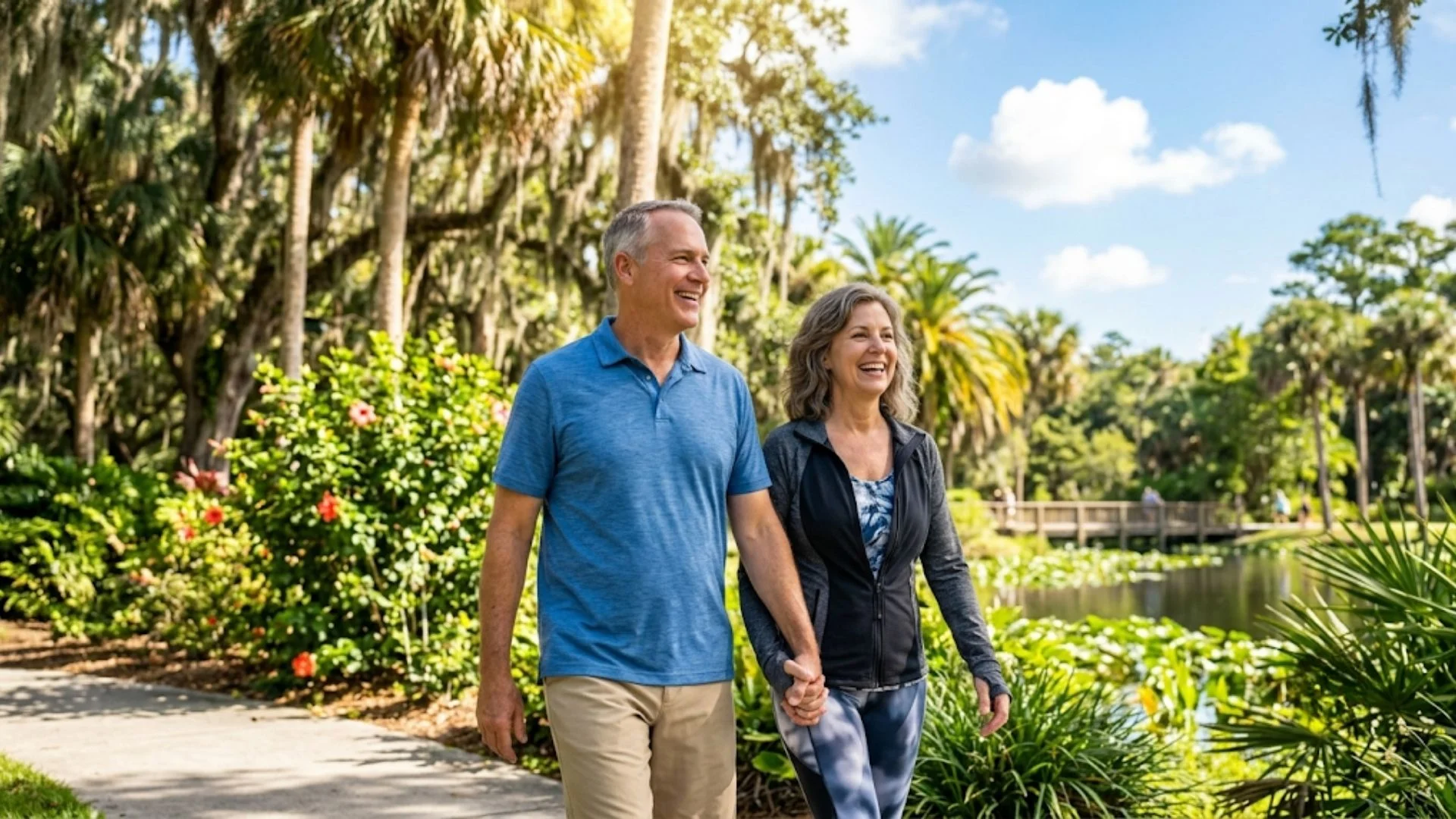 Healthy older couple enjoying a sunny day outdoors in South Florida, breathing clearly without sinus pressure.
