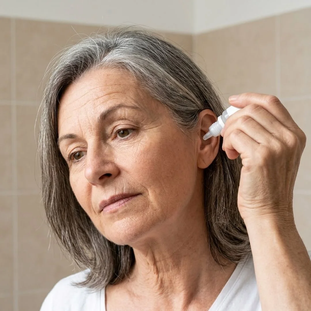 A 60-year-old woman comfortably applying medicinal ear drops.