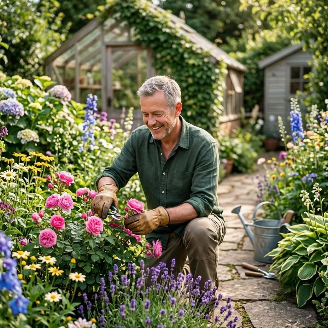 Healthy older man gardening outside without experiencing itchy allergy eyes