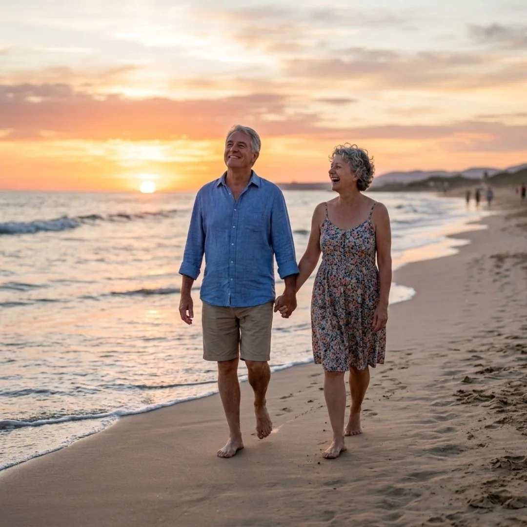 Smiling older couple walking on the beach, experiencing clear breathing and lasting relief from chronic sinus issues.