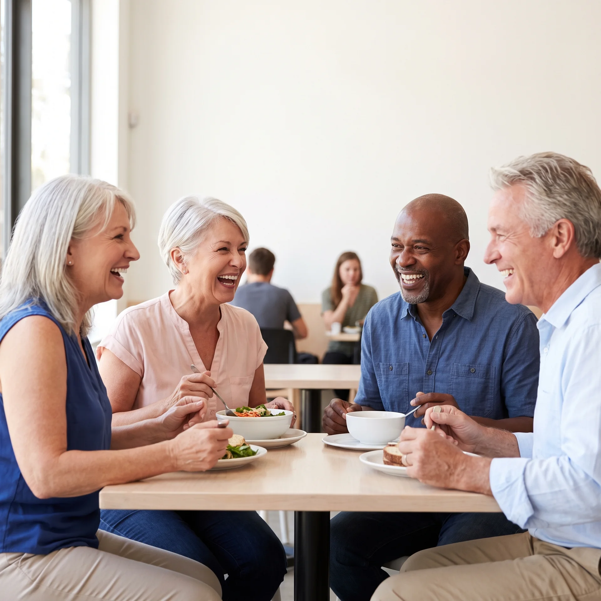 A diverse group of four vibrant senior friends laugh genuinely while enjoying a sunlit lunch together.