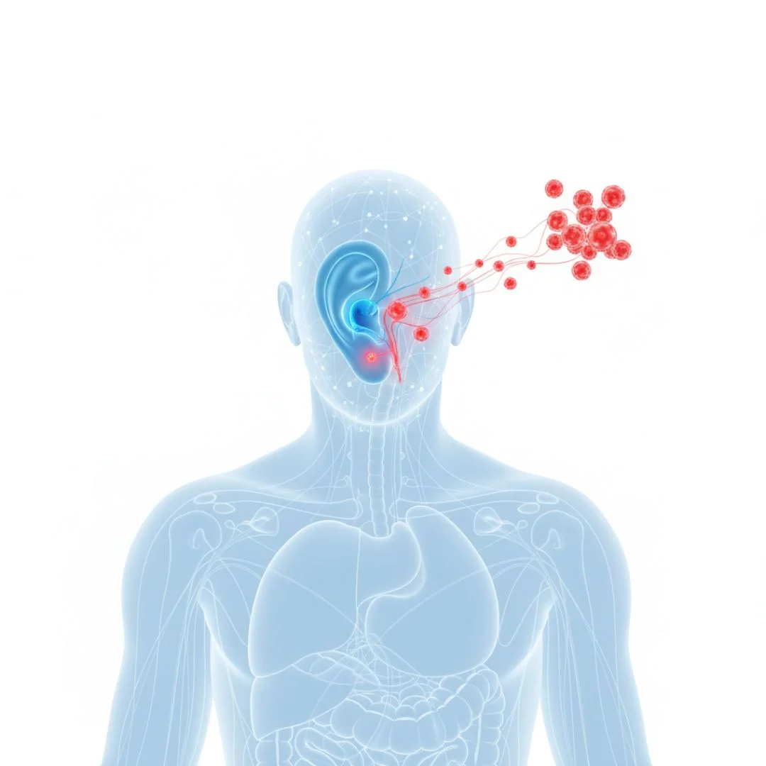 An abstract graphic of a human silhouette with an ear highlighted, showing pathways connecting to red inflammatory cells, symbolizing systemic autoimmune impact.