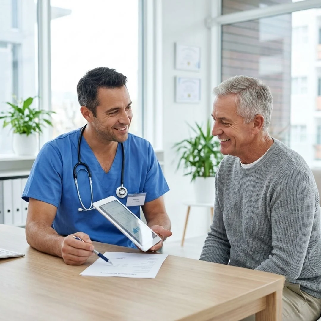 Doctor and older male patient smiling together in a clinic office