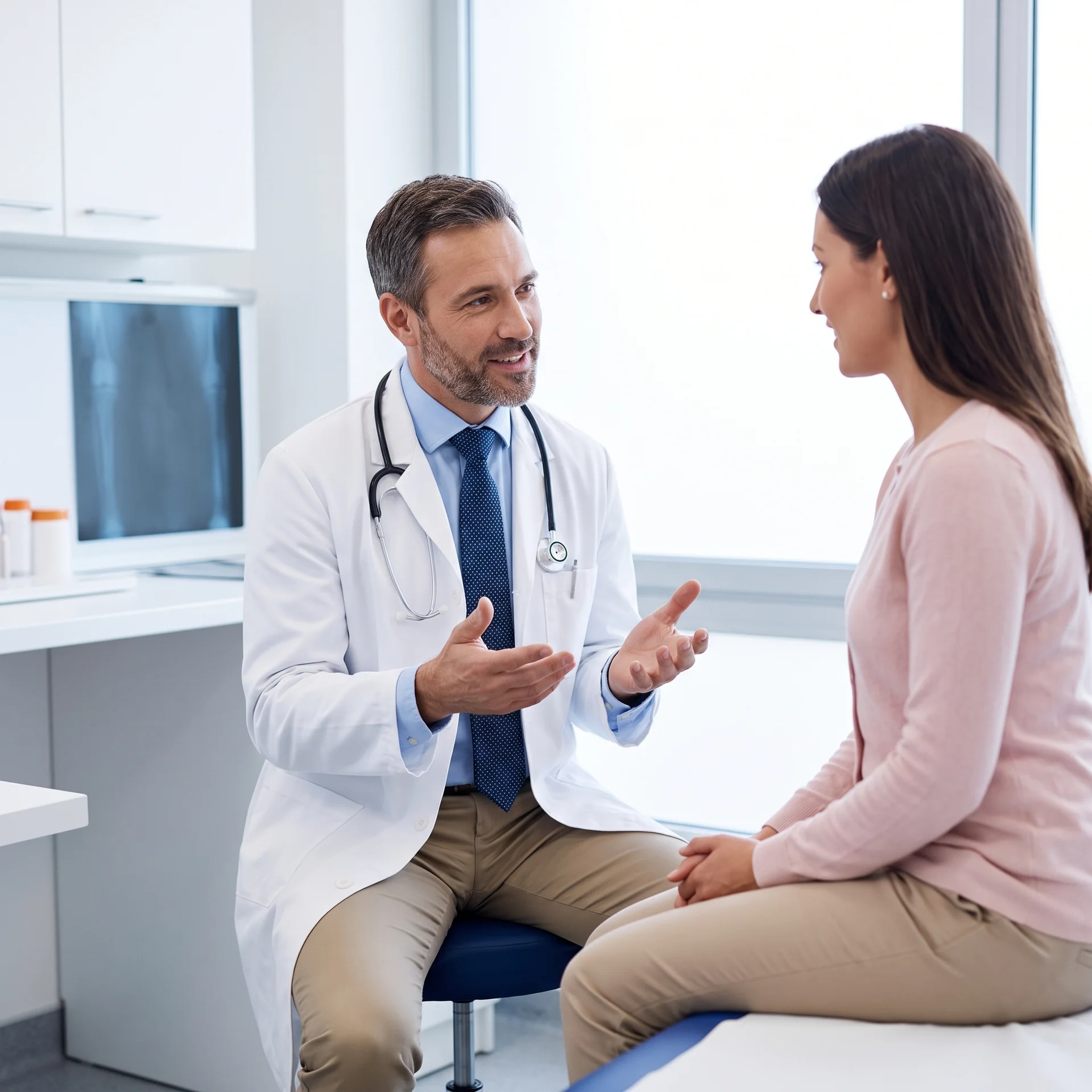 An E.NT. doctor consults comfortably with a patient in a modern medical setting.