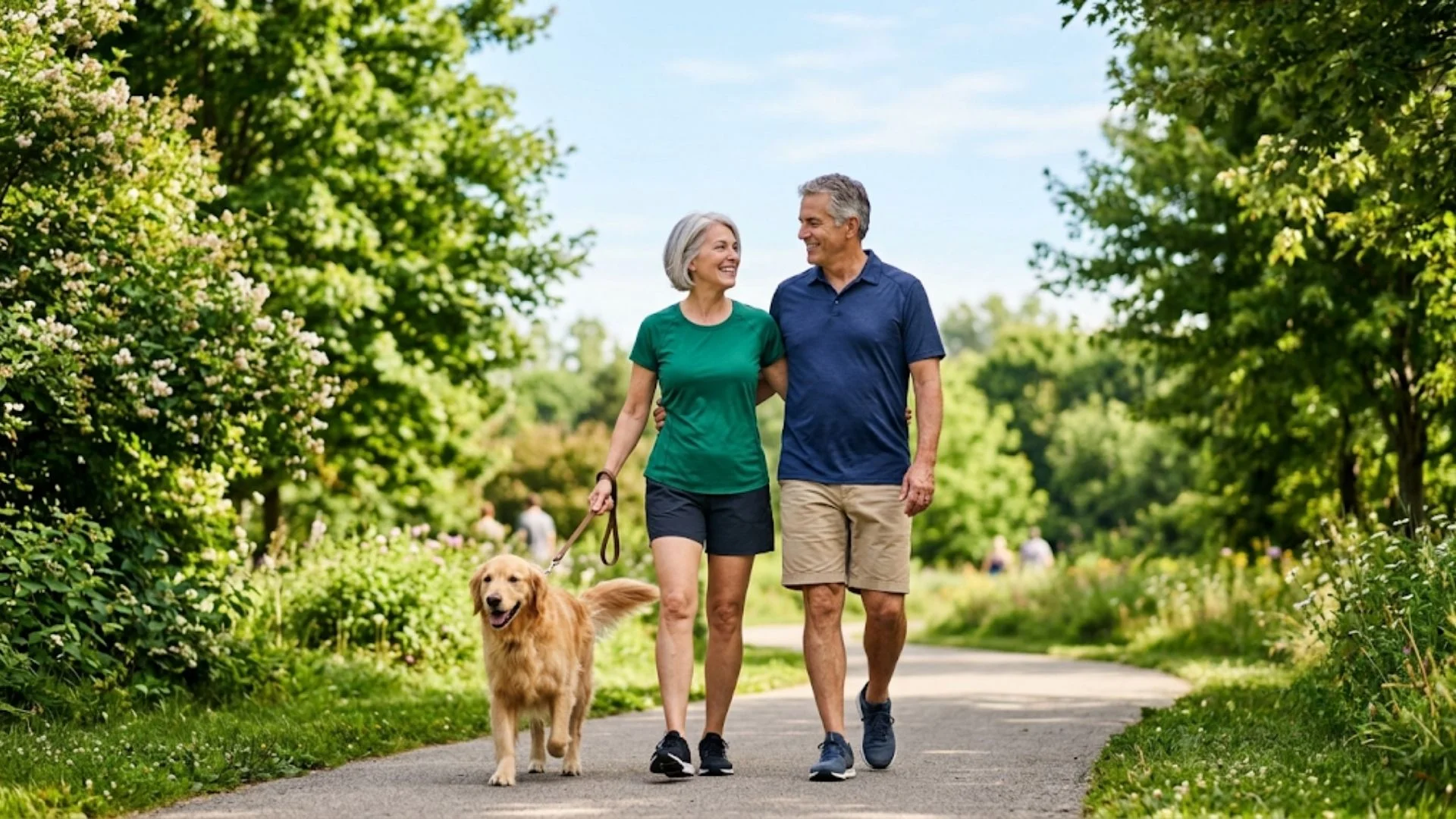 Older couple walking dog outside in summer without allergy symptoms