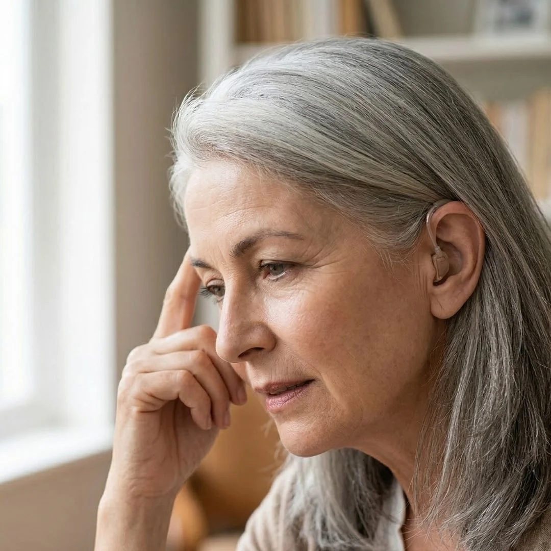 A 1:1 candid portrait of a woman in her 60s touching her temple thoughtfully, wearing a subtle completely-in-canal hearing aid.