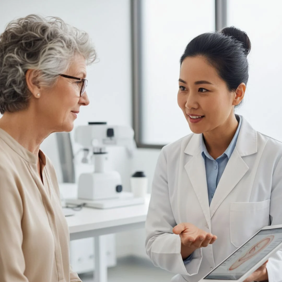 A compassionate ear nose and throat doctor speaking with a senior patient in an office, showing an illustration of the ear on a tablet.