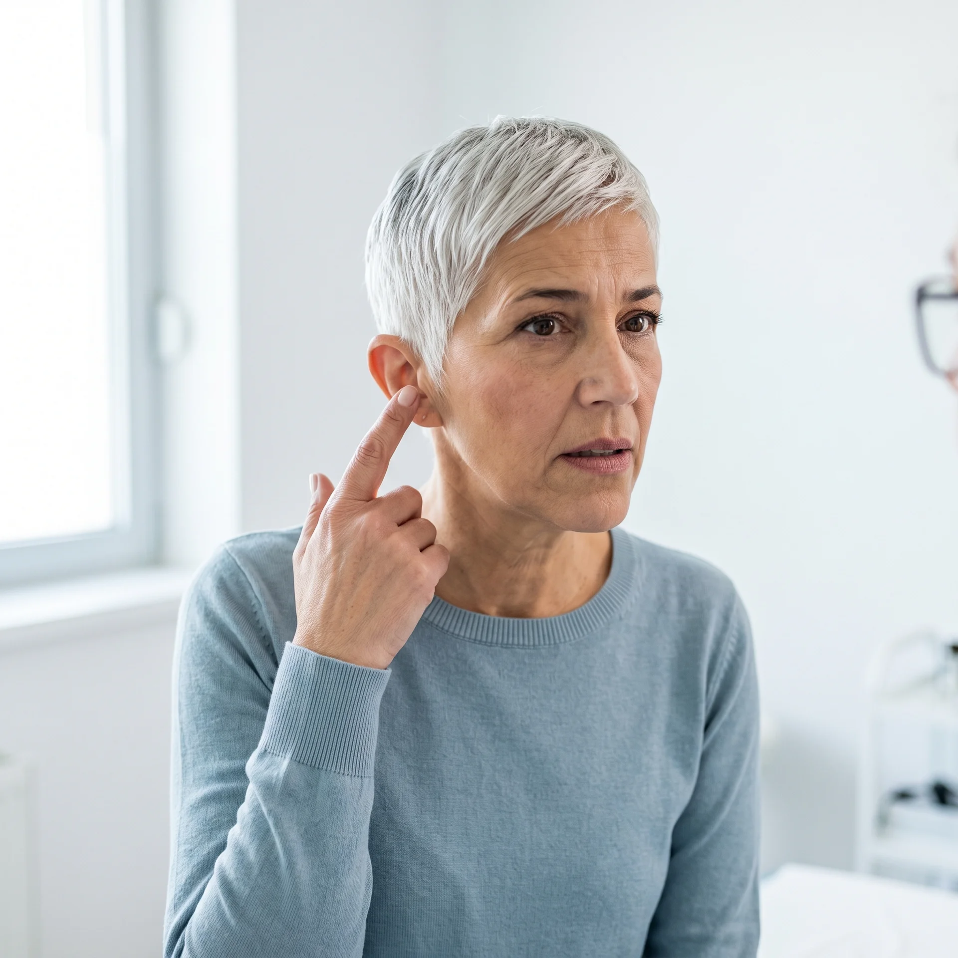 A worried 50+ woman points to her ear.