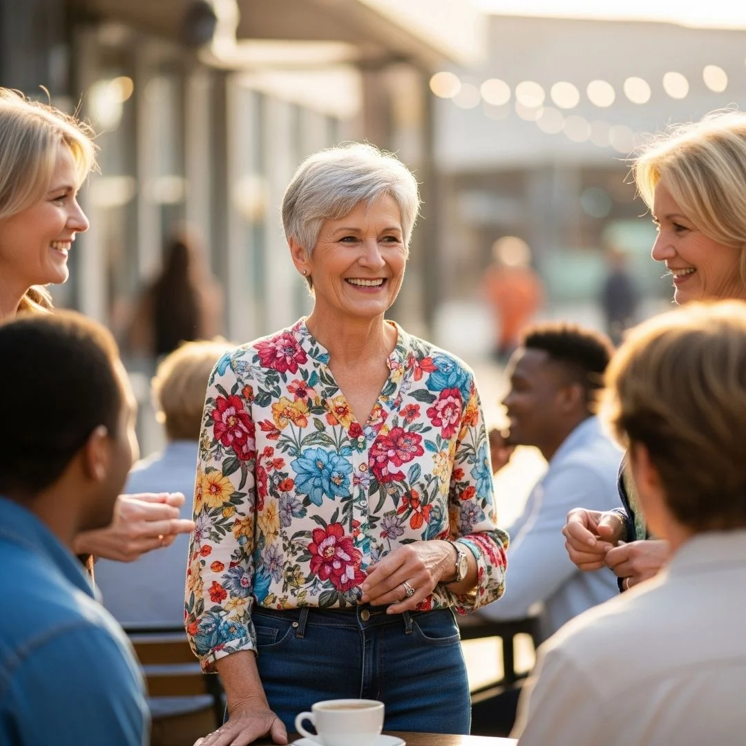 older woman with hearing aids joining in a conversation