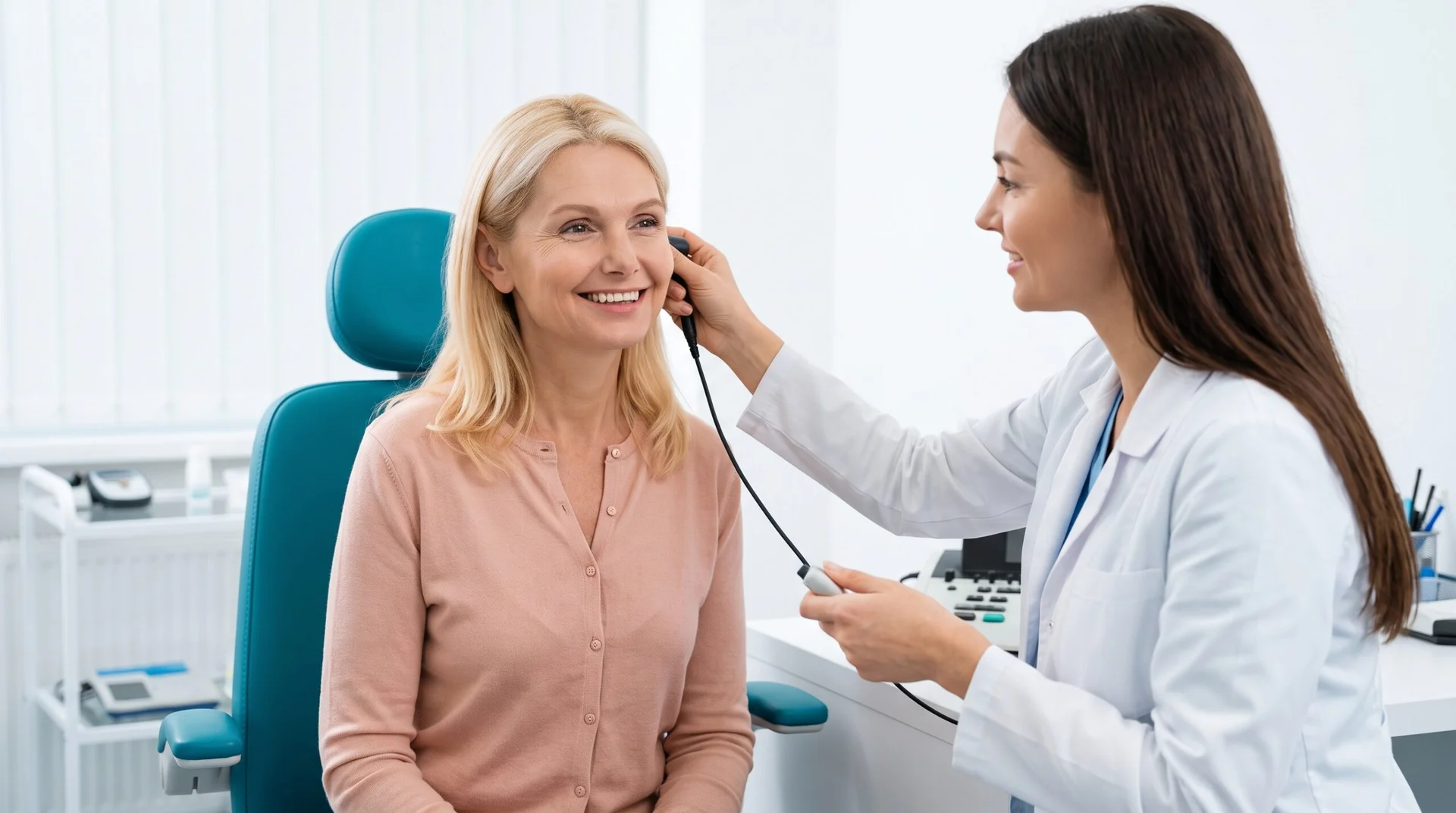 A smiling woman over 50 is having her hearing checked by an audiologist in a bright, modern E.N.T. clinic.