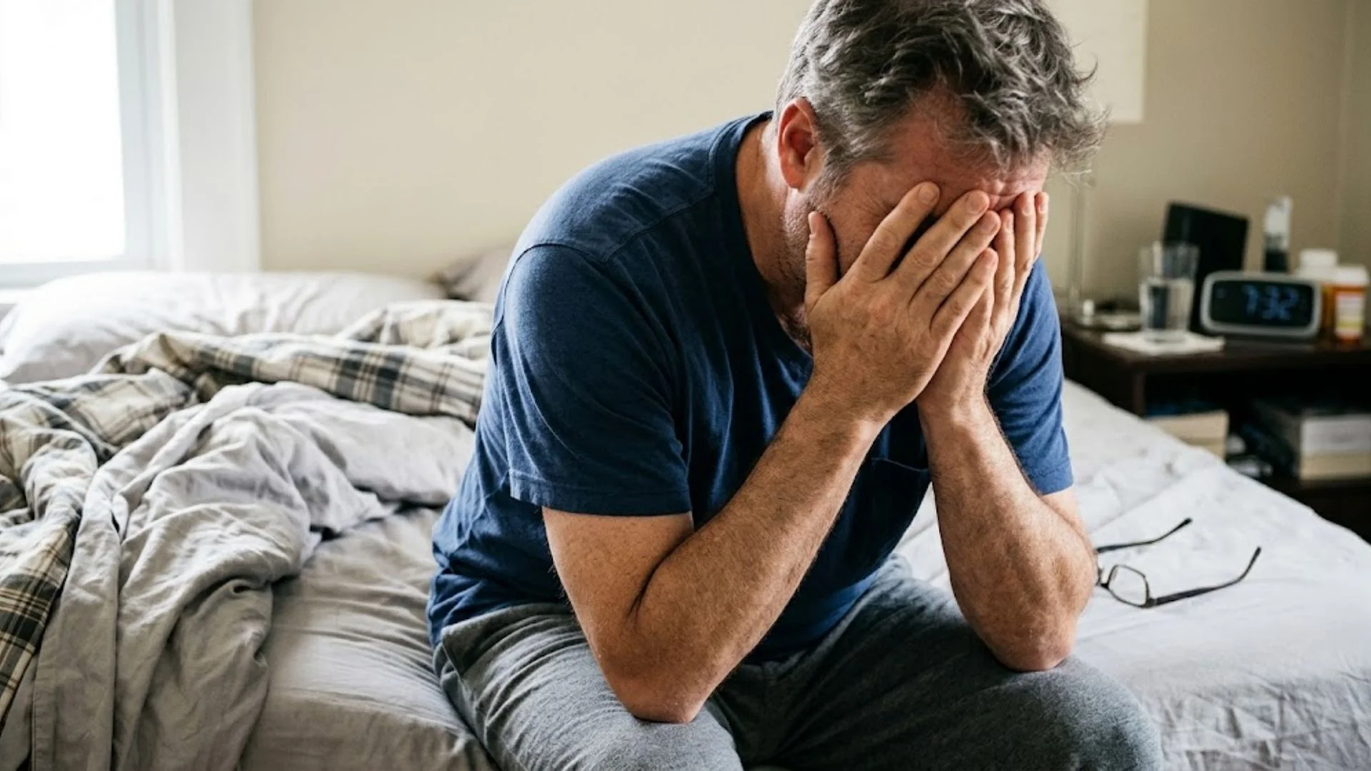 man with head in hands experiencing dizziness
